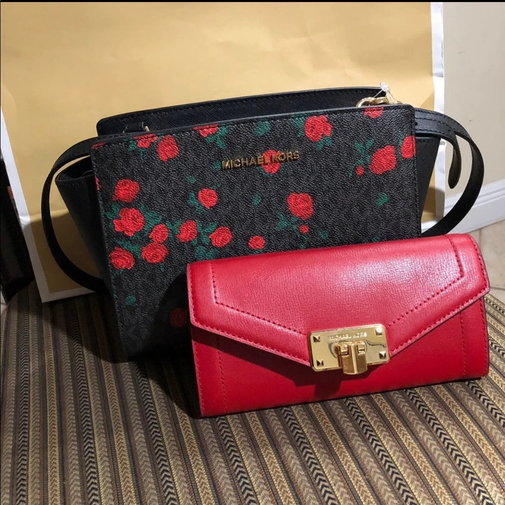 NWT black roses Michael Kors handbag & wallet